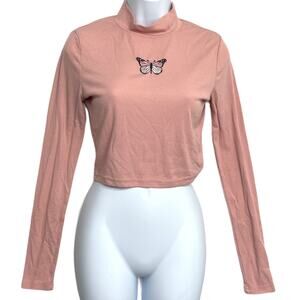 Y2K Embroidered Butterfly Crop Top M Pink Long Sleeve Mock Neck Coquette Preppy